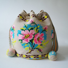 哥仑比亚WAYUU部落手工编织包瓦尤包精品米色文艺花双侧抽绳