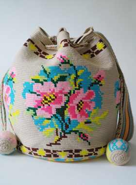 哥仑比亚WAYUU部落手工编织包瓦尤包精品米色文艺花双侧抽绳