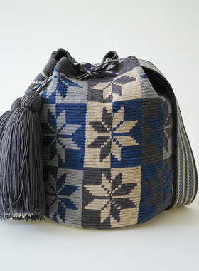 哥仑比亚WAYUU部落手工编织包瓦尤包单股中号蓝米灰枫叶