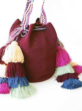 哥仑比亚WAYUU部落手工编织包瓦尤包双股大号枣红纯色双侧4抽流苏