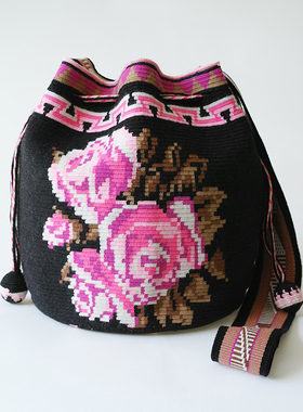 哥仑比亚WAYUU部落手工编织包瓦尤包单股大号黑底荧光粉玫瑰花