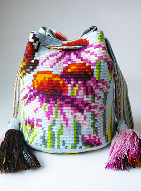 哥仑比亚WAYUU部落手工编织包瓦尤包双股大号浅蓝花花