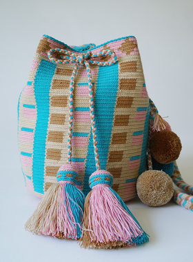 哥仑比亚WAYUU部落手工编织包瓦尤包双股大号米色粉蓝文静少女风