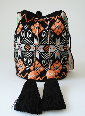 哥仑比亚WAYUU部落手工编织包瓦尤包单股大号金线黑底橘粉银枫叶