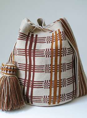 哥仑比亚WAYUU部落手工编织包瓦尤包单股大号米底棕咖细横竖条纹