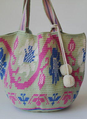 哥仑比亚WAYUU部落手工编织包瓦尤包单股大号沙滩果绿文艺花