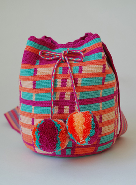 哥仑比亚WAYUU部落手工编织包瓦尤包双股中号玫粉紫蓝横竖条