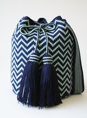 哥仑比亚WAYUU部落手工编织包瓦尤包单股大号深蓝青蓝波纹