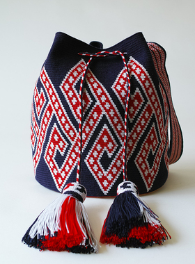哥仑比亚WAYUU部落手工编织包瓦尤包单股大号深蓝红白蛇形经典