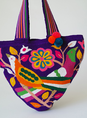 哥仑比亚WAYUU部落手工编织包瓦尤包戳绣工艺单肩饺子包紫鸟