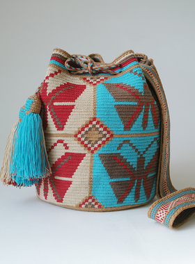 哥仑比亚WAYUU部落手工编织包瓦尤包双股大米咖蓝红蝴蝶特殊肩带