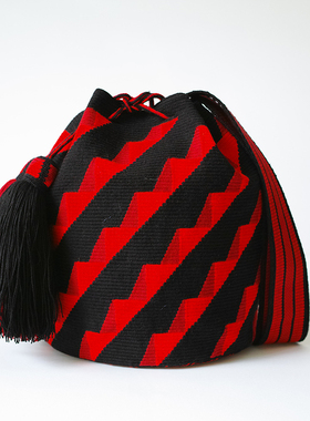 哥仑比亚WAYUU部落手工编织包瓦尤包单股大号黑色红几何三角阶梯