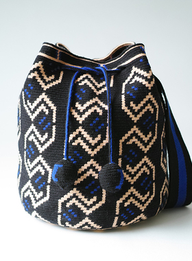 哥仑比亚WAYUU部落手工编织瓦尤包单股大号黑底宝蓝浅粉分子图腾