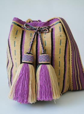 哥仑比亚WAYUU部落手工编织包瓦尤包双股大号米黄文艺紫绿竖条
