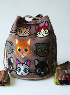 哥仑比亚WAYUU部落手工编织包瓦尤包单股大号咖底卡通猫头双侧抽