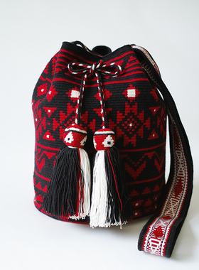 哥仑比亚WAYUU部落手工编织包瓦尤包单股大号黑红特殊肩带