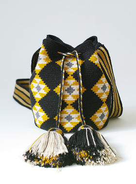哥仑比亚WAYUU部落手工编织包瓦尤包单股中小号黑底黄灰正方菱