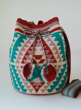 哥仑比亚WAYUU部落手工编织包瓦尤包双股大号棕豆沙蓝锯齿球球