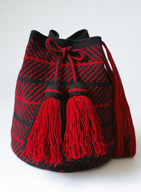 哥仑比亚WAYUU部落手工编织包瓦尤包单股大号黑底红点点几何风