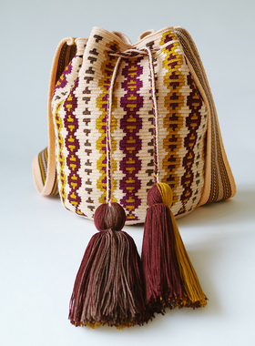 哥仑比亚WAYUU部落手工编织瓦尤包水桶包单股大中号肉色咖黄配