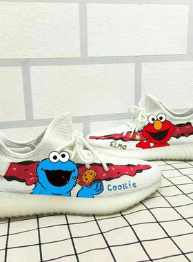 球鞋定制 冰淇淋黄油椰子鞋350手绘YEEZY芝麻街kaws蓝红diy涂鸦