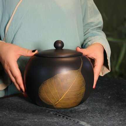 五土堂云南建水紫陶茶叶罐菩提叶心经西施褚茶醒散茶罐一斤装