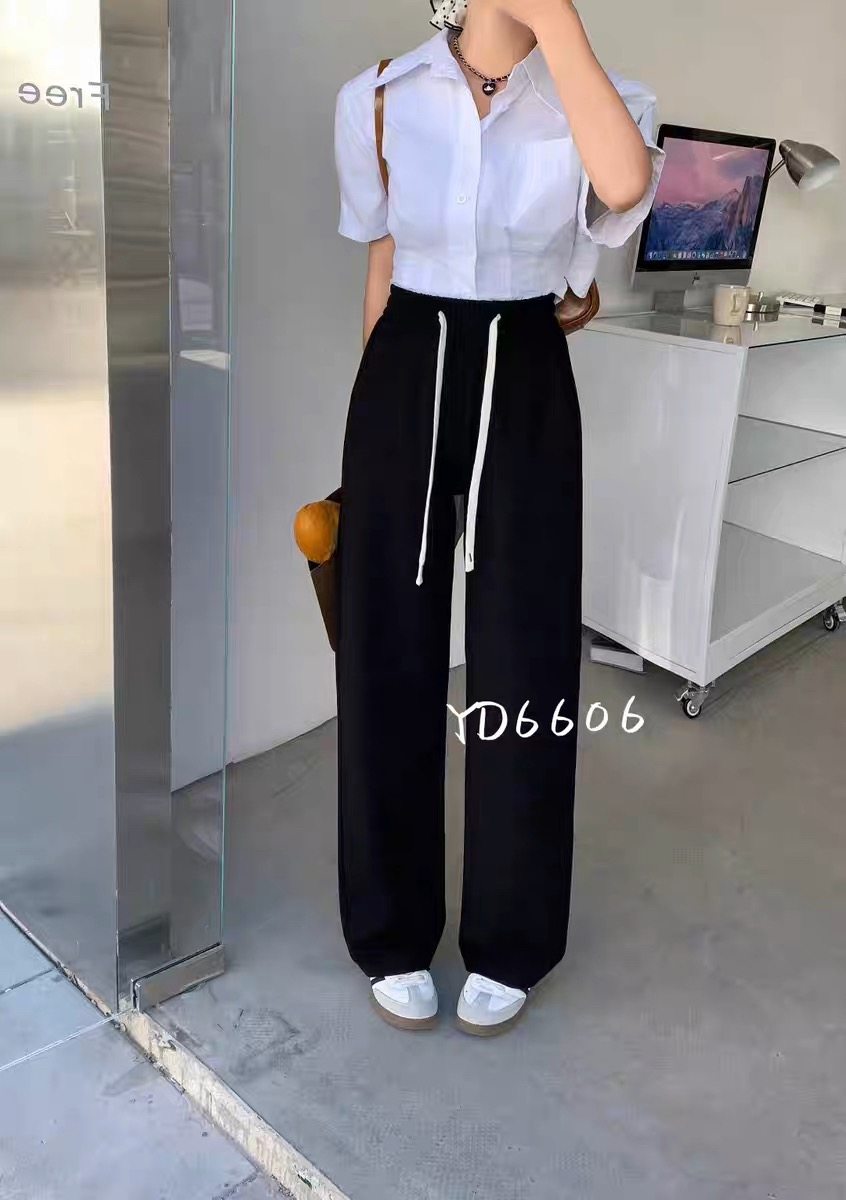 烟蒂YD6606新时尚松紧腰宽松休闲裤阔腿裤九分小个子女坠感直筒裤