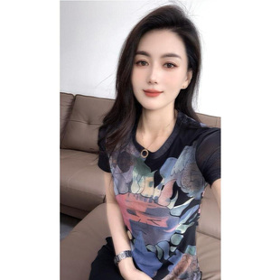 体恤女士半袖 欧洲站网纱t恤女印花拼色短袖 2025新款 修身 上衣夏季