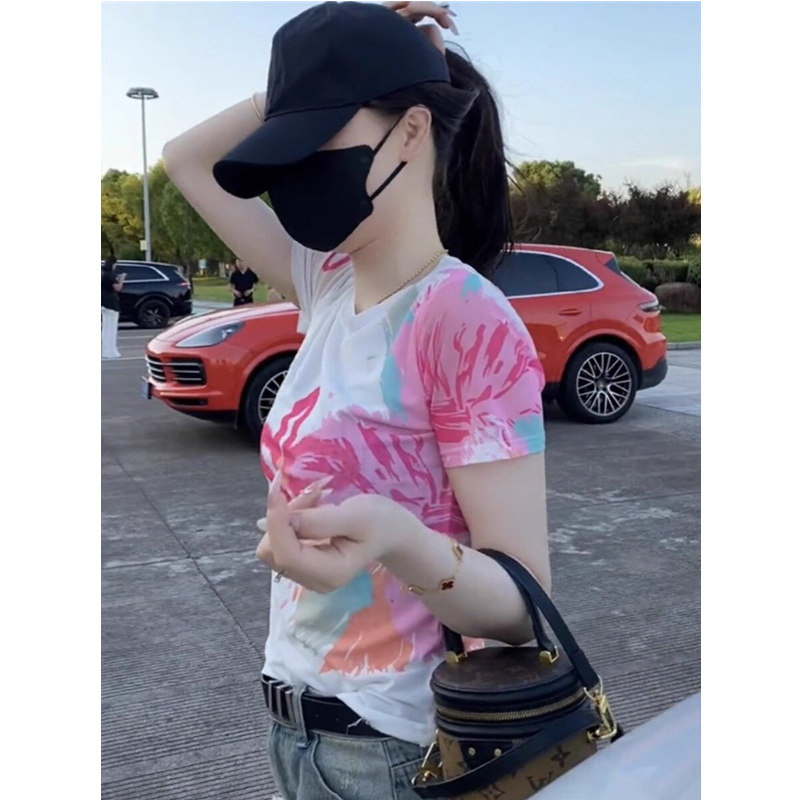 欧洲站2024新款女式短袖夏装网纱t恤女印花时尚上衣显瘦体恤半袖