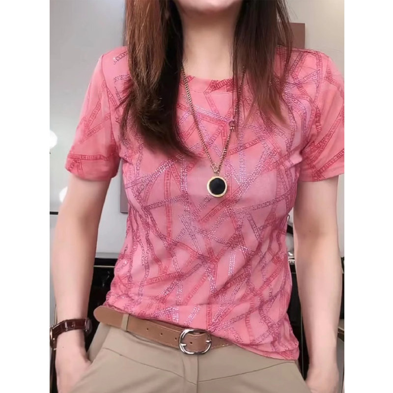 欧洲站夏装新款网纱t恤女圆领重工烫钻上衣时尚洋气短袖修身显瘦