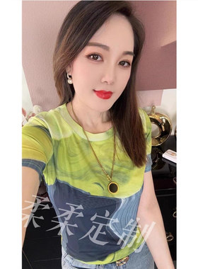 短袖欧货印花网纱减龄体恤