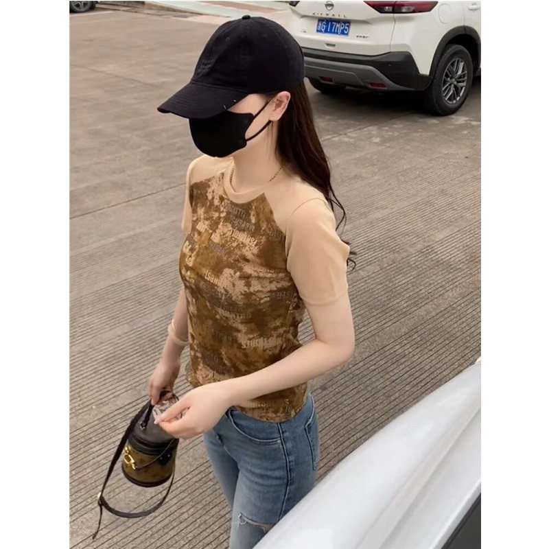 印花网纱t恤女短袖字母烫钻上衣高级感新款欧洲站夏季女士半袖衫