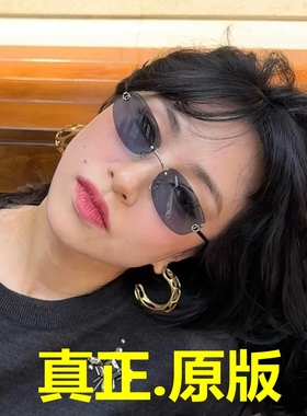 正版 JENNIE同款墨镜女蓝色欧美风小框无框太阳眼镜时尚INS中古轻