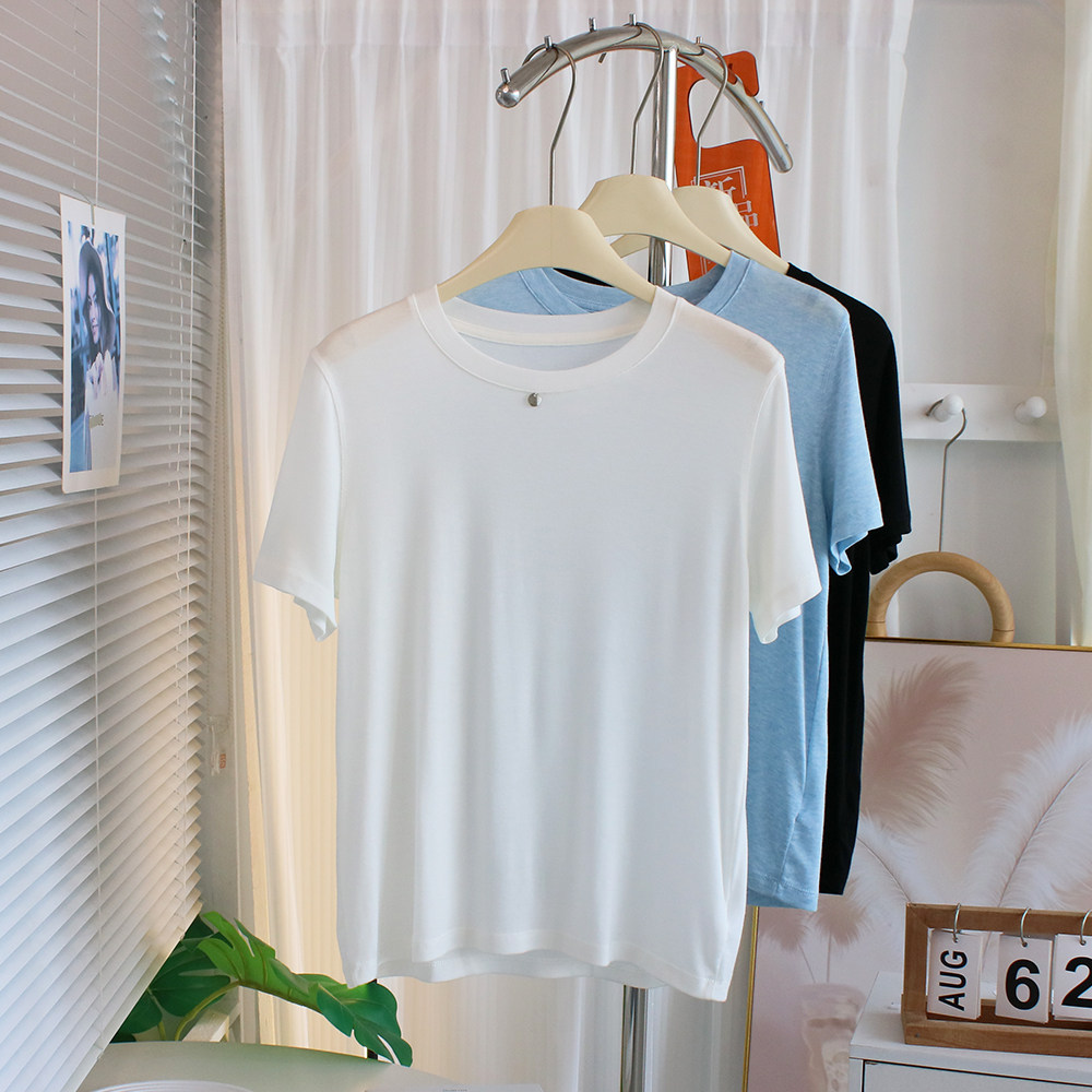 亲肤莱赛尔面膜T圆领短袖T恤女夏季百搭宽松正肩绵羊毛打底衫上衣