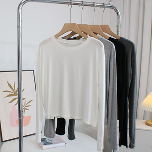 柔软短款莫代尔t恤上衣女春秋宽松圆领长袖内搭打底衫运动舞蹈服