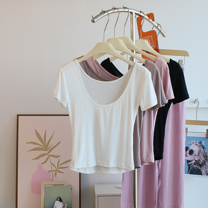 柔软莫代尔大圆领短袖t恤女夏季露背修身短款运动上衣瑜伽舞蹈服