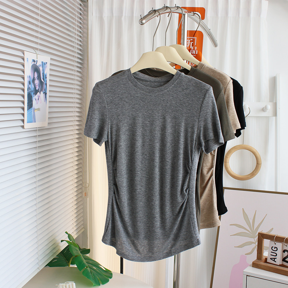 高级感~丝滑天丝羊毛修身短袖T恤女夏亲肤感正肩面膜T莱赛尔上衣