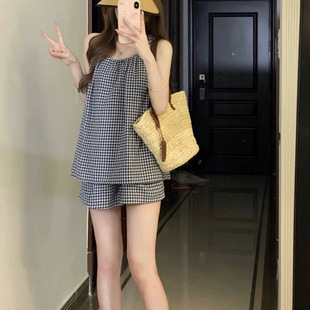 夏天新款 格子吊带睡衣女带胸垫一体背心短裤 ins纯欲风家居服套装