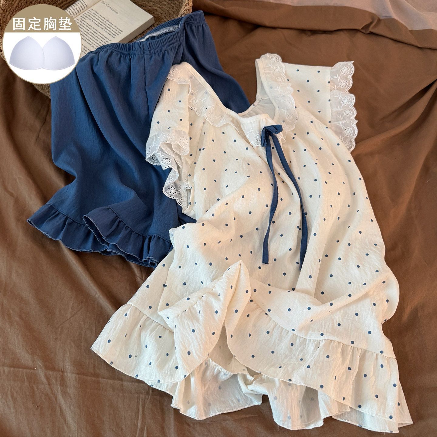 夏季薄款带胸垫花边家居服套装女图片