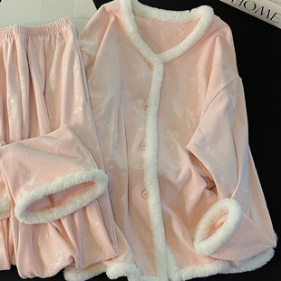 长裤 宽松慵懒风长袖 德绒加厚保暖家居服 睡衣女秋冬新款 胖妹妹大码