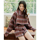 今日艺术家原创粉紫色30羊毛格纹俏皮复古甜酷斗篷上衣短裤 套装