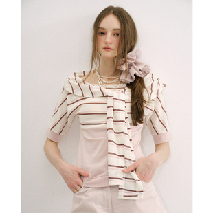 今日艺术家原创樱花粉色莱赛尔醋酸少女风条纹系带领中短袖上衣