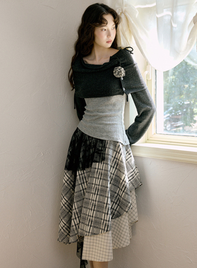 今日艺术家原创黑灰色吊带针织上衣格纹不规则半身裙套装