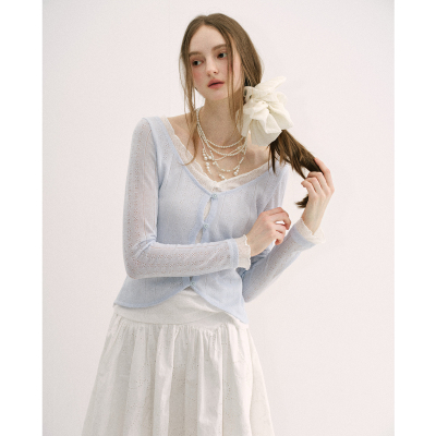 今日艺术家原创Baby蓝色撞白蕾丝镂空假两件法式针织衫上衣