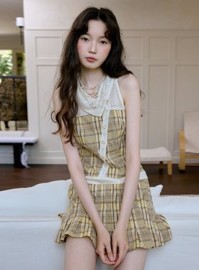 今日艺术家原创杏黄色格纹新波西米亚风围巾领无袖连衣裙