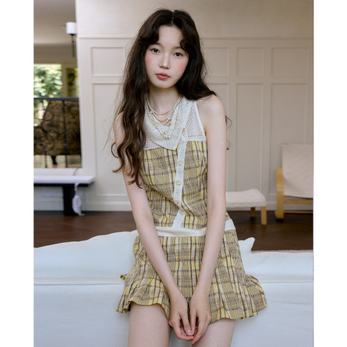 今日艺术家原创杏黄色格纹新波西米亚风围巾领无袖连衣裙