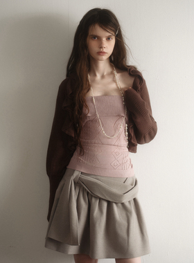 今日艺术家原创粉棕色醋酸山羊绒可露丽荷叶边开衫菱形抹胸两件套