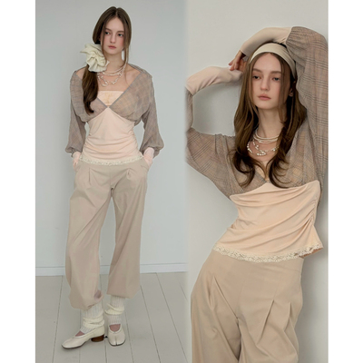 今日艺术家原创粉色韩系芭蕾格纹正反两穿荡领v领抹胸灯笼袖上衣