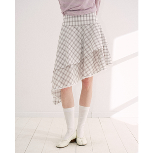 今日艺术家原创白色格纹浪漫少女感高腰纯棉不规则A字半身裙