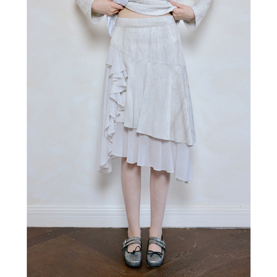 今日艺术家原创白灰色韩系清冷不规则双层下摆半身裙